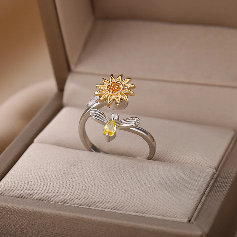 Spinner Sunflower Bee Anxiety Ring Rotatable Adjustable