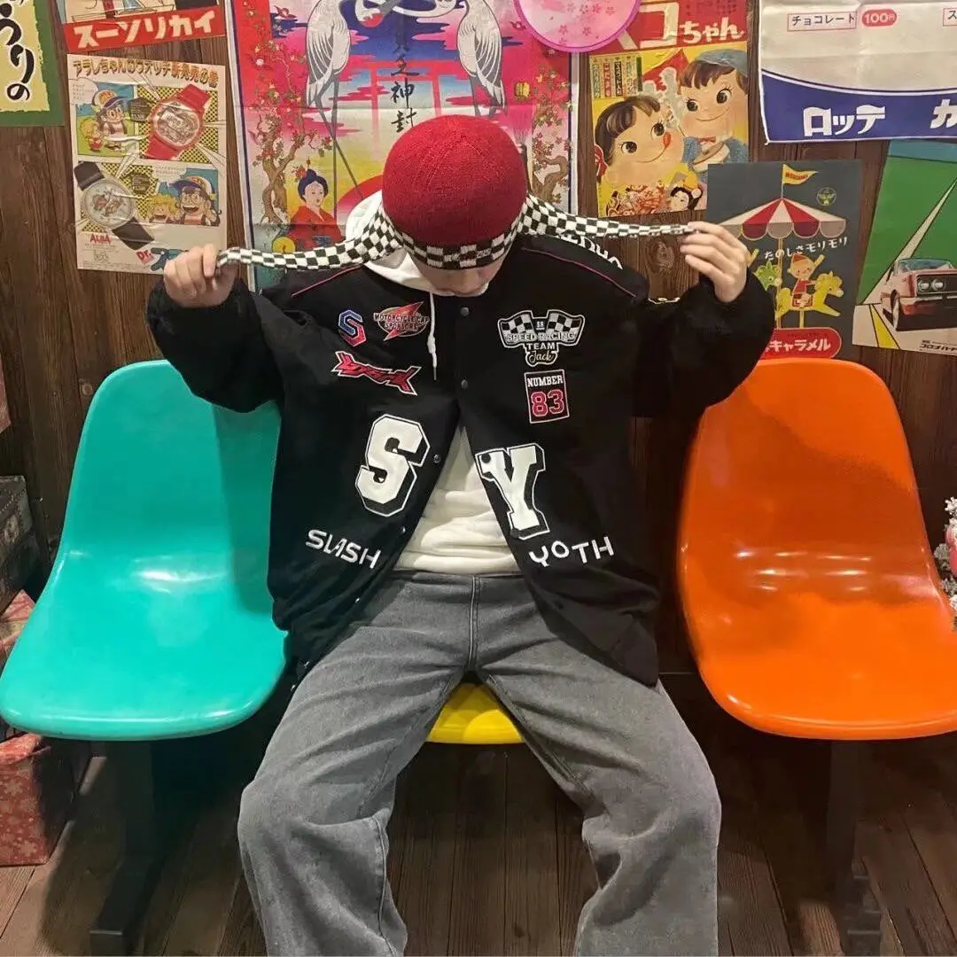 Submachine Embroidery Retro Men Jackets Motor Biker Cycling Coat Y2K Chic Bomber Baseball Ins Vibe Party Club Male Punk Hippie