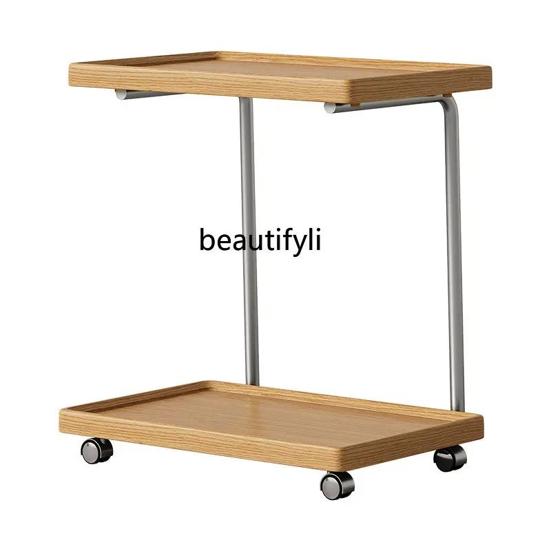 

Nordic Sofa Side Table Simple Living Room Solid Wood Side Table Double Storage Movable Tea Table with Wheels
