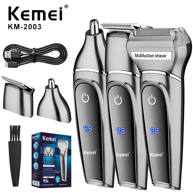 Kemei reciprocating KM-2003 three in one shaver electric shaver stainless steel double mesh blade head USB charging shaver