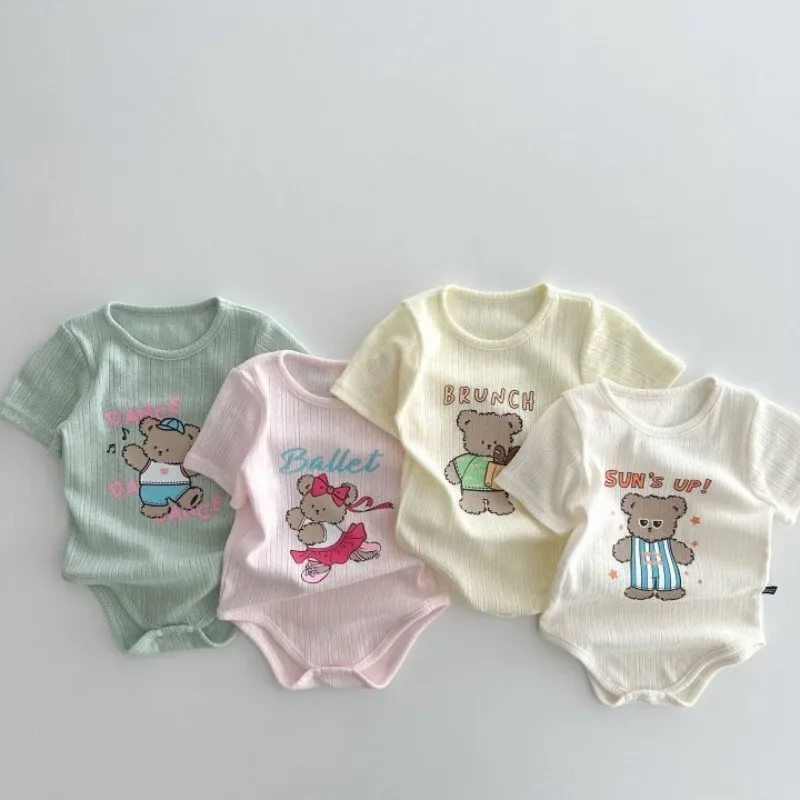 

Baby Girls Cute Cartoon Bear Short Sleeve Jumpsuit for Infants Toddlers Cotton Thin Breathable Summer Kids Casual Elastic Romper