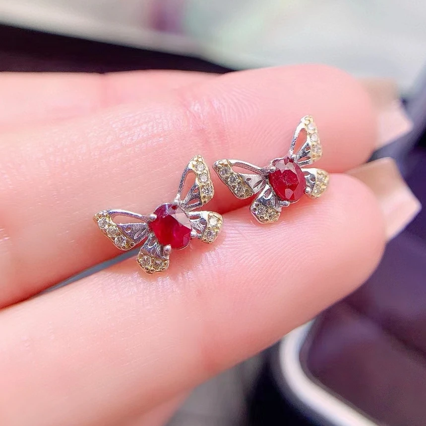 

Cute 925 Silver Butterfly Stud Earrings 3mm*4mm Total 0.3ct Natural Ruby Earrings 18K Gold Plated Ruby Jewelry Allergy Free