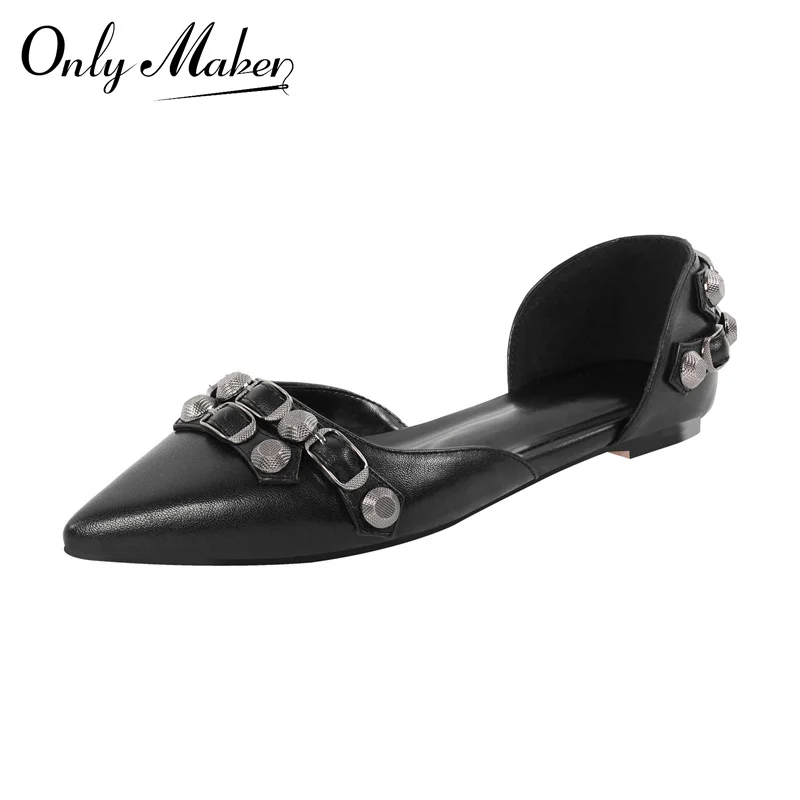 

Onlymaker Women Black Pointed Toe Studded Buckle Detail Slip On Flats