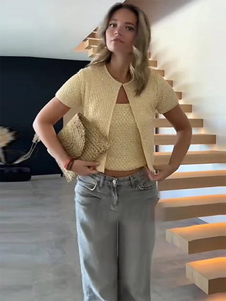 Casual Knit Cardigan Pieces Women Loose O Neck Short Sleeves