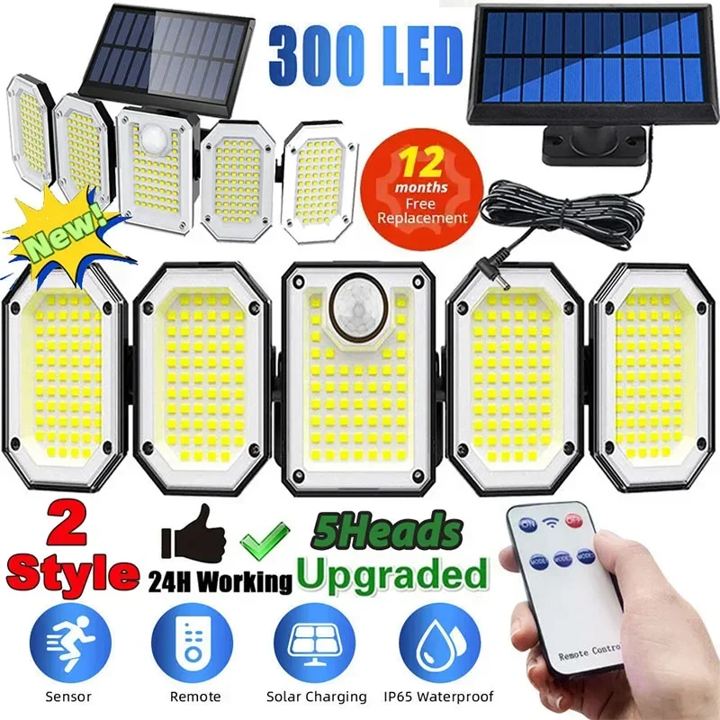 

5 Heads Solar 300 LED Light Outdoor Motion Sensor Waterproof Wide-angle Illumination Wall Lamp Garden Courtyard Street Lights