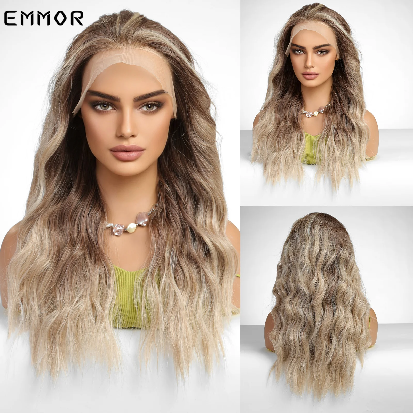 

Emmor 13x4 Lace Front Wigs, Brown Ombre Blonde Wig with Bangs for Women, Synthetic Dark Wavy Wigs Cosplay Party, Lolita Use