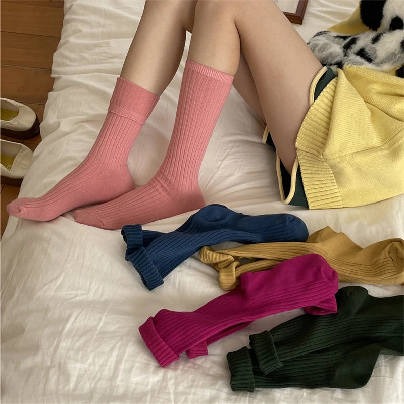 Women Socks Long Fashion Cotton Breathable Autumn Winter Solid Color Sports Socks Girls Casual Simple Retro Plain Comfortable
