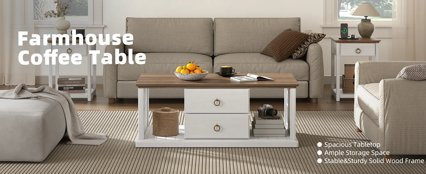 Farmhouse Coffee Table with Storage,w/ Drawers,Rustic Rectangular Center Table,Wood,for Living Room