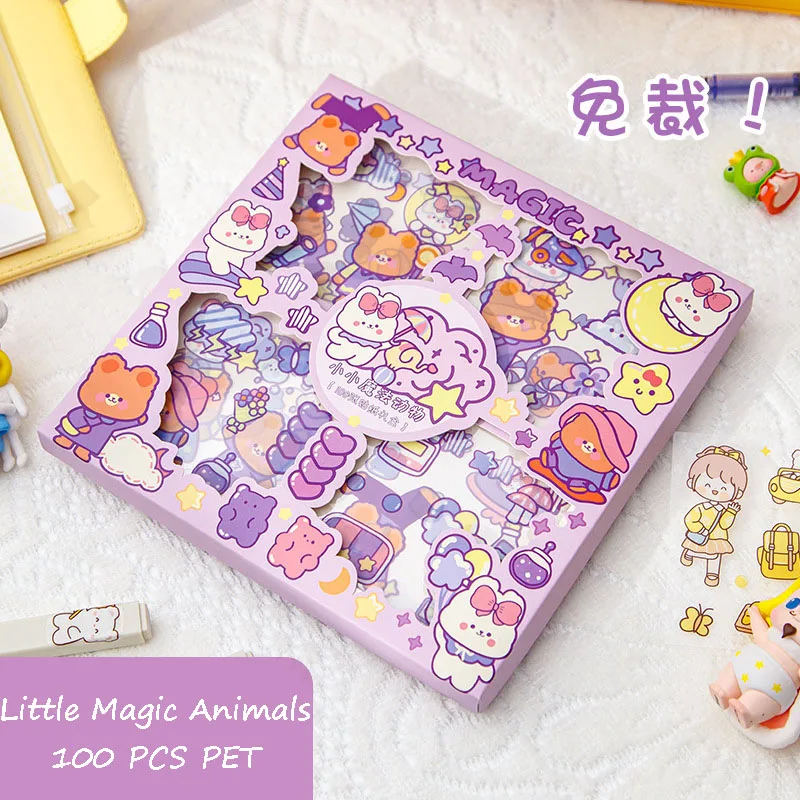 100 pz adesivi Kawaii simpatici cartoni animati manuale adesivi 8*8cm PET scatola impermeabile adesivo decorativo Scrapbook cancelleria fai da te