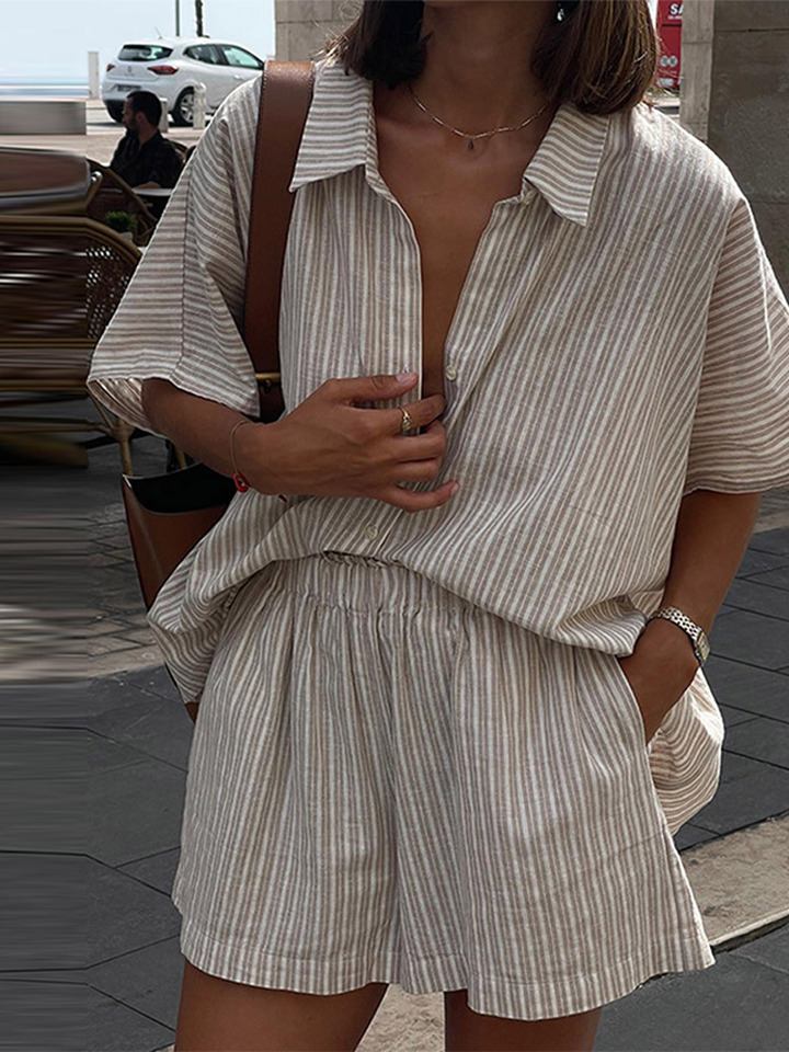 2025 Summer Striped Short Shirt Sets Casual Loose Women's Suit Fashion Street Lady Outfits Lapel Elastic Waisted Shorts Sets