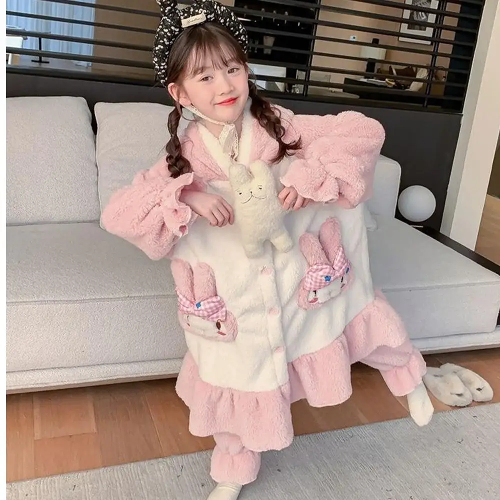 Kawaii Sanrio My Melody Girls Nightgown Suit Autumn Winter Pajamas Anime Sleepwear Flannel Homewear Child Cute Loungewear Robe