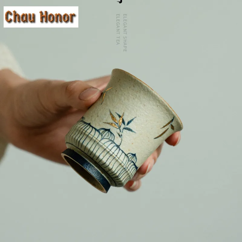 95ml Handmade Gold Drawing Bamboo Shadow Teacup Blue And White Flint Red Ceramic Master's Cup Large Smelling Fragrant Mug Gifts