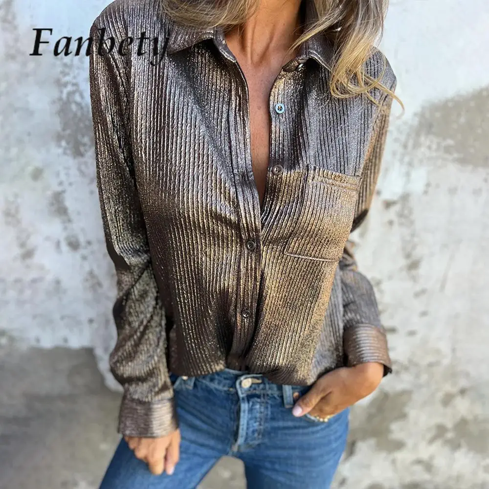 

Блузка женская однобортная с длинным рукавом, модная рубашка с лацканами, винтажный универсальный топ из металла, свободная рубашка в стиле High Street