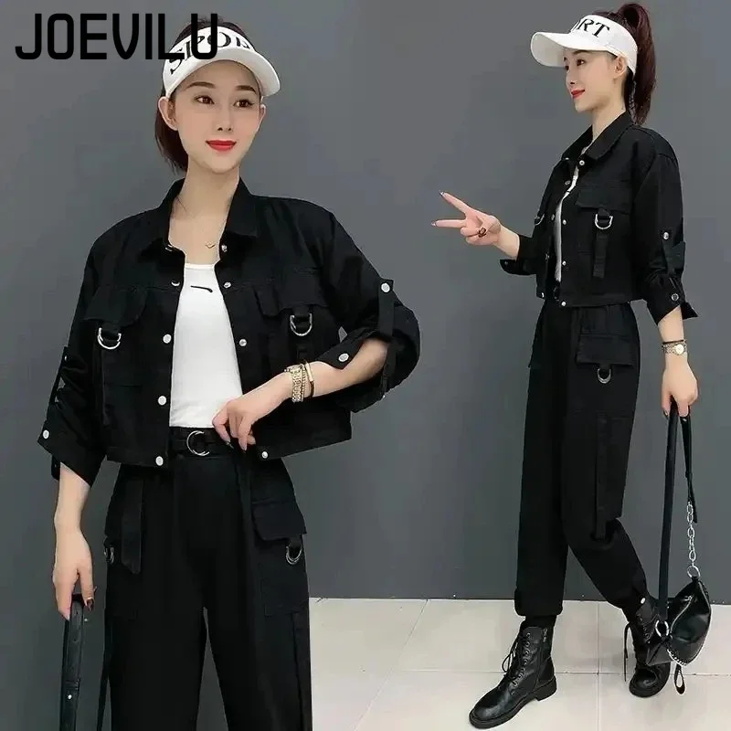 JOEVILU 2PCS Streetwear Tracksuit Cargo Coat Casual Pants 2