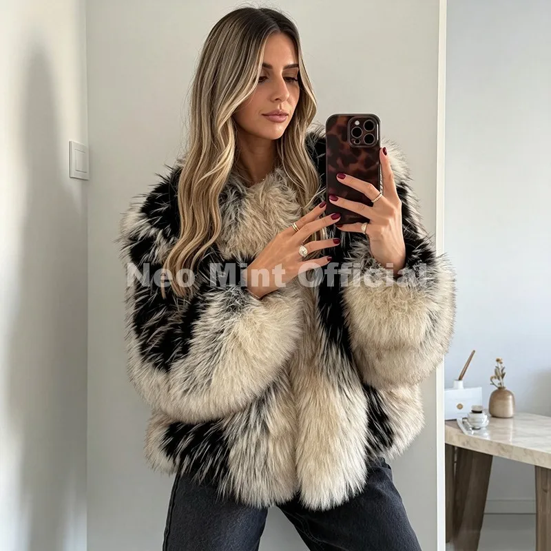Neo Mint Luxury Brand Design Striped Patchwork Fur Jacket Women Winter Fluffy Faux Fox Fur Coats Chic Girls Thick Warm Outerwear