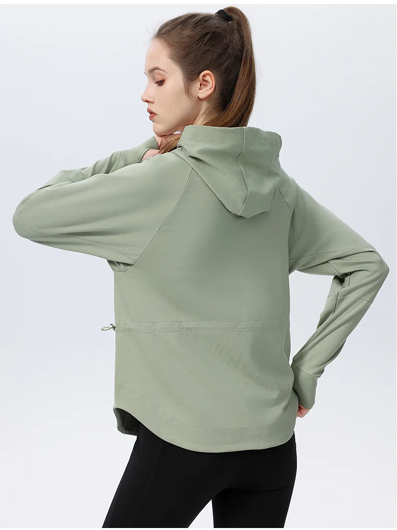 Frauen Langarm Sweatshirt Einfarbig Lose Atmungsaktive Hoodie Laufen Outdoor Top Weibliche Workout Kleidung Sportswear – Detail 7