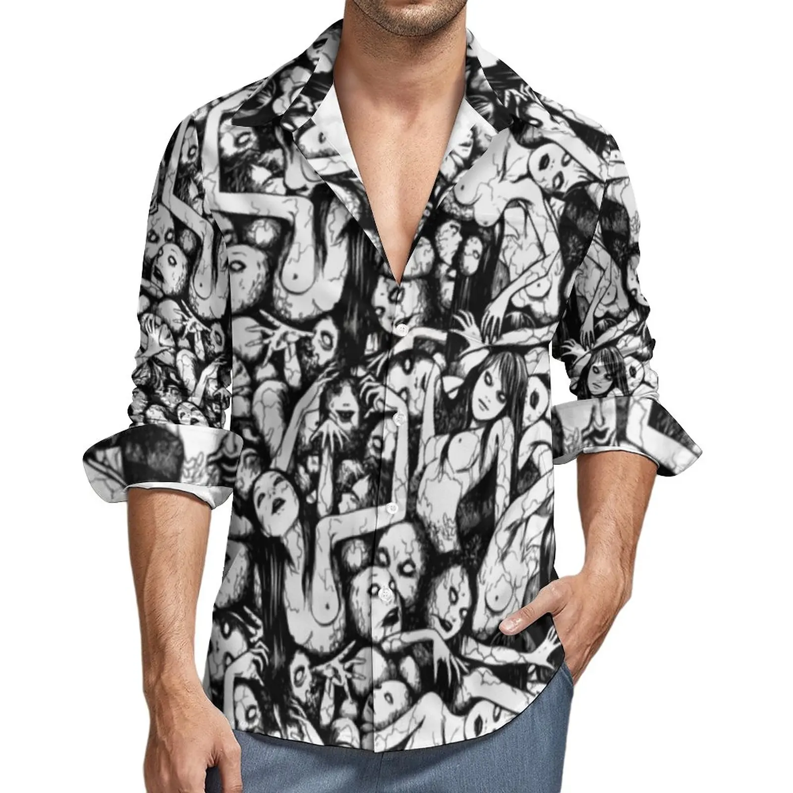 

TOMIE Junji Ito Aesthetic Casual Shirt Male Horror Manga Shirt Spring Fashion Blouses Long Sleeve Printed Oversized Tops