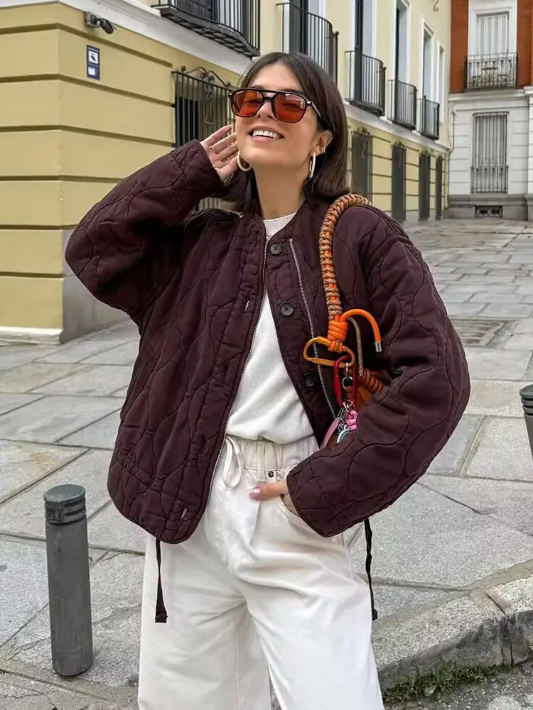 HH Women Vintage Solid Quilted Padded Coat O Neck Long Sleeve Zipper Jacket Autumn Winter Loose Casual Maternity Outwear