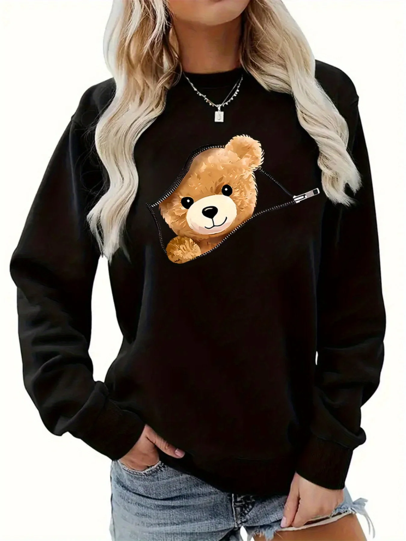 Women's Autumn and Winter Loose Casual Cartoon Zipper Bear Pattern Printed Velvet Long-Sleeved Round Neck Sweatshirt Pullover