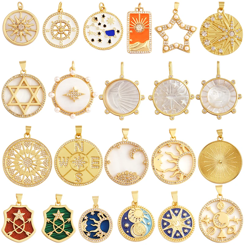 Kompass, glänzender Sonne, Mond, Stern, Muschel-Charm-Anhänger, 18 Karat vergoldetes Gold, eingelegter Zirkonia, Schmuck, Halskette, Armband, Zubehör S45