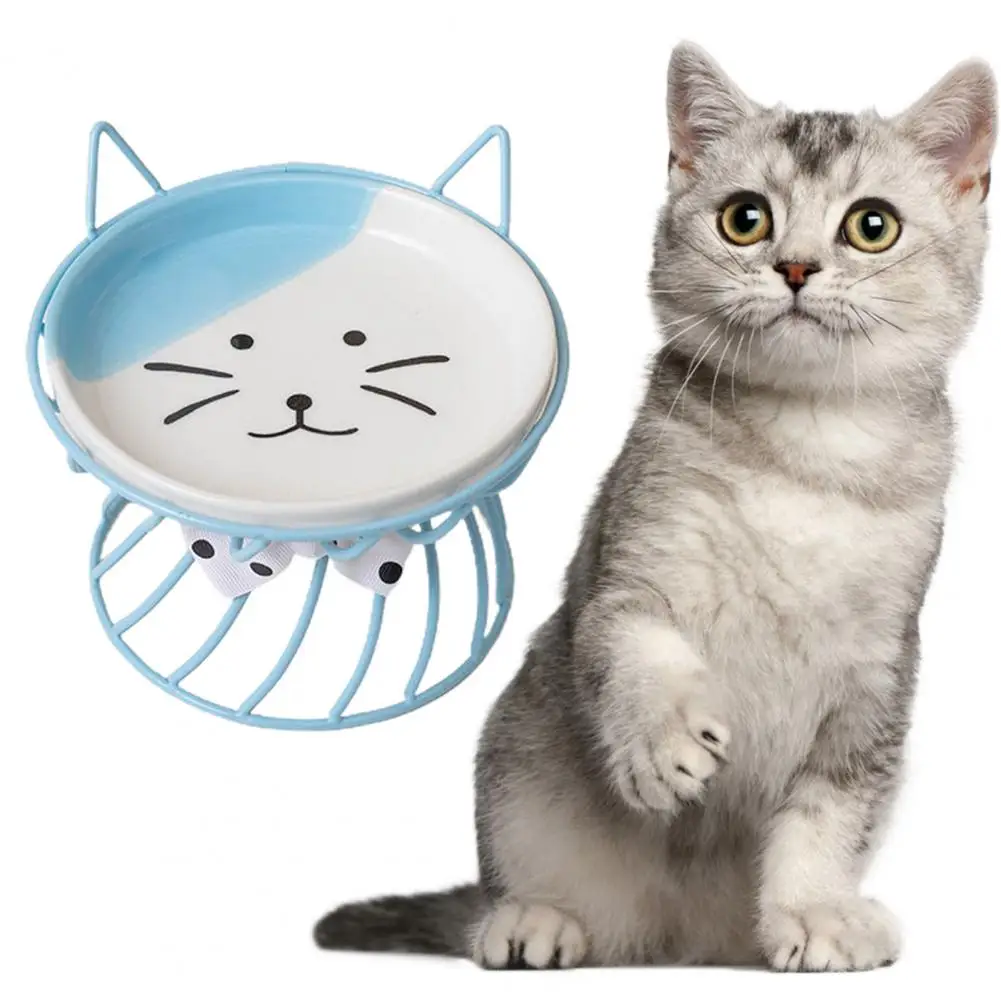 

Pet Food Container Capacity Elevated Cat Food Bowl with Anti-vomiting Ceramic Dish Plate Metal Stand Whisker Pet Supplies Dog