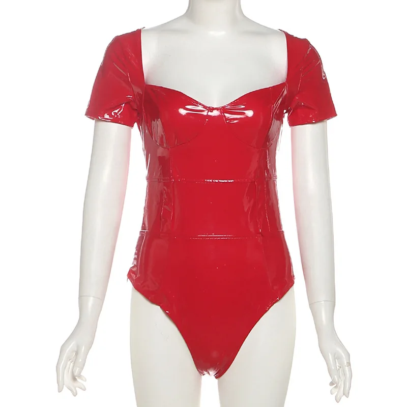 Women Chic Sexy Red PU Leather Bodysuits Tops Low Chest Short Sleeve Skinny Stage Costumes Night Clubwear Party Outfits Rompers