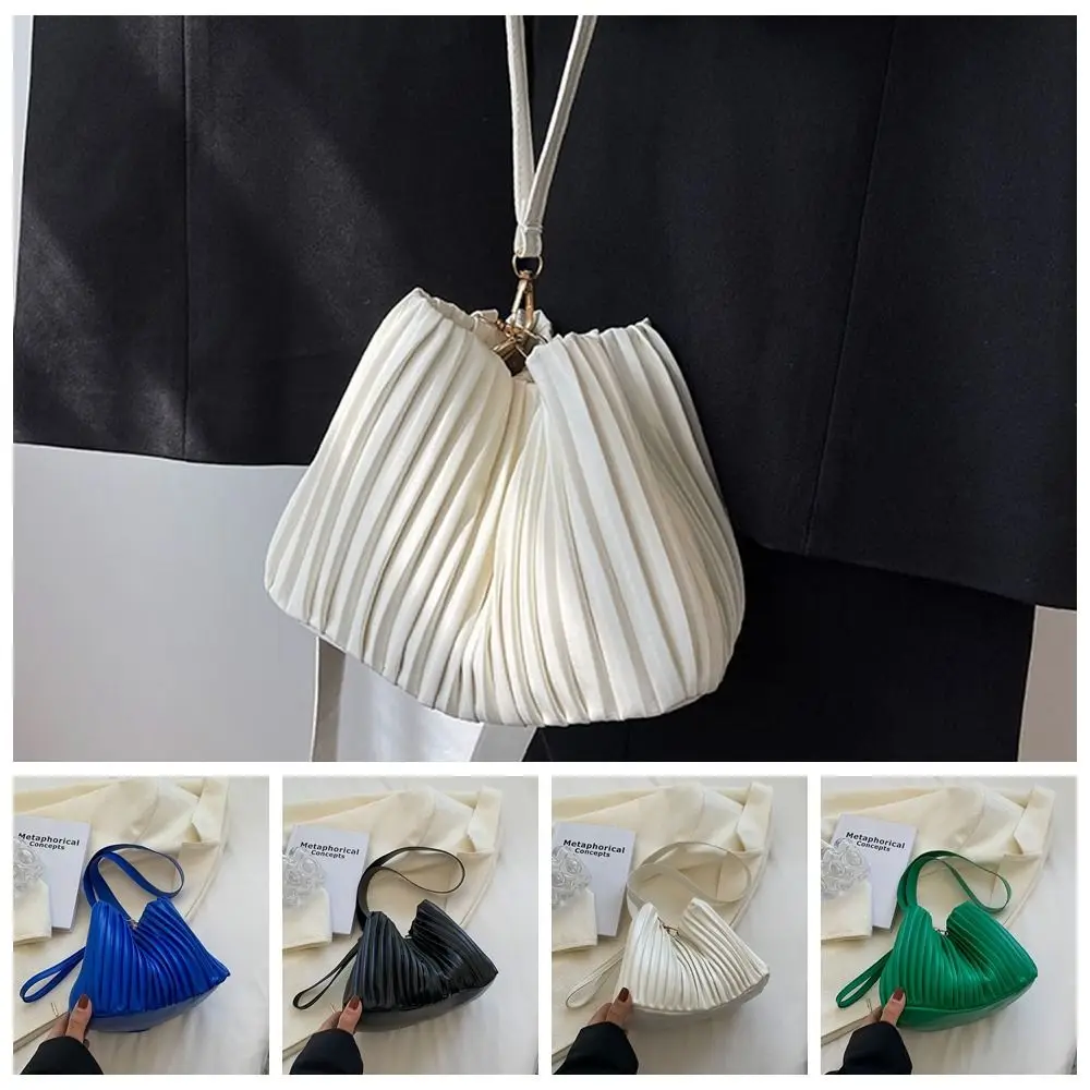 

PU Leather Pleated Crossbody Handbags Simple Handle Solid Color Bucket Shoulder Bag Shopper