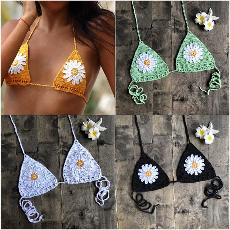 European and American Fashion Hollowed Out Sunflower Bikini Swimwear INS New Pure Handmade Cotton Woven Beach Vacation Top