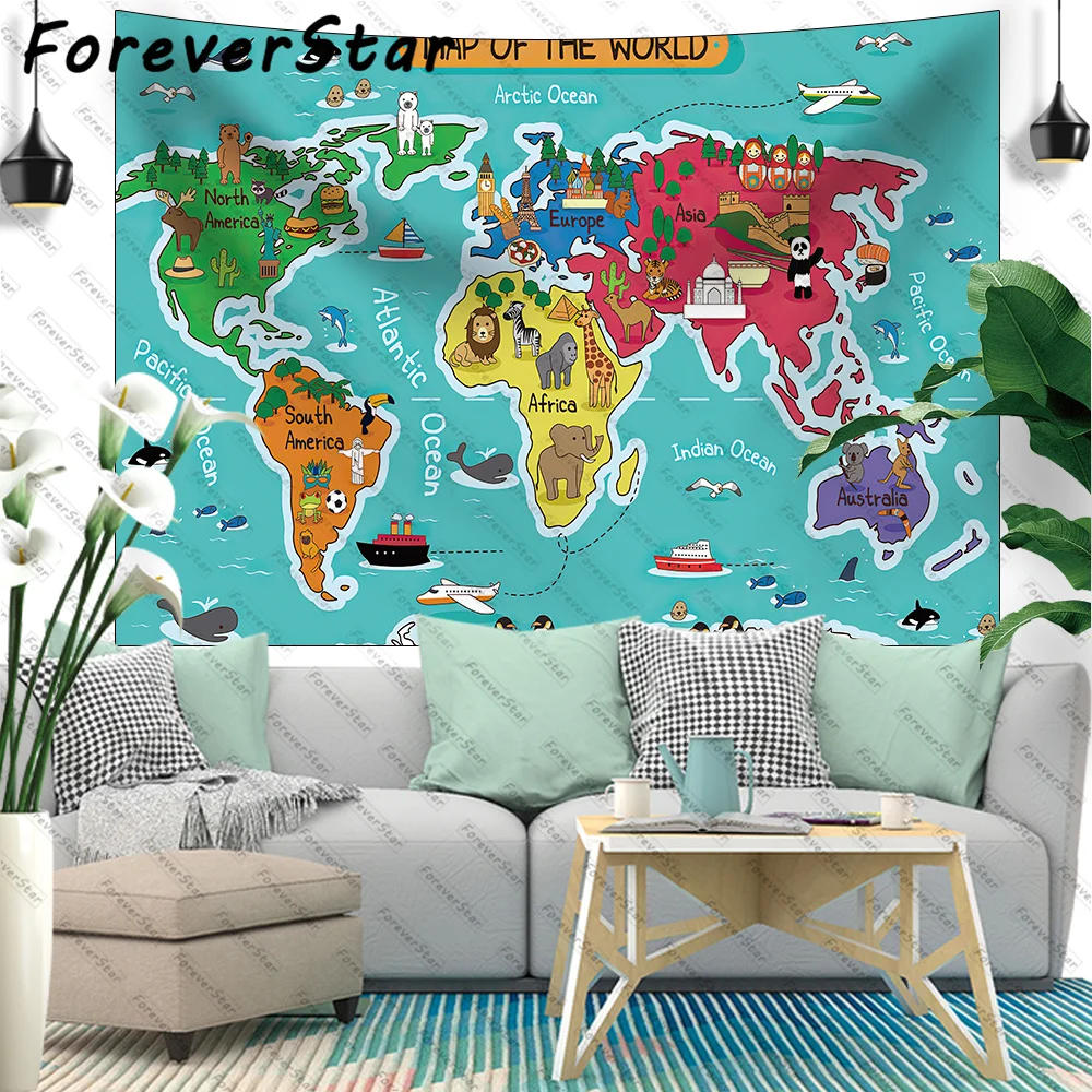 

ForeverStar Cartoon World Map Tapestry Wanderlust Cartoon Animal Mountains Forests World Map for Children and Kids Tapestry Wall
