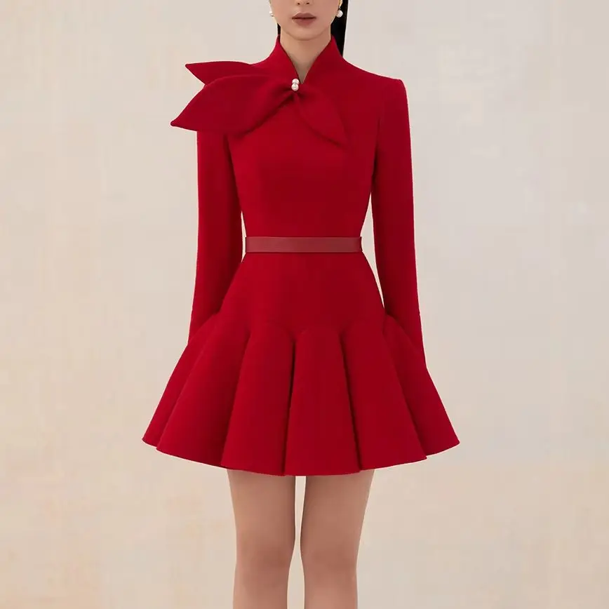 tailor shop light red wool dress Retro Slim female light luxury dress  Semi-Formal Dresses - AliExpress 320