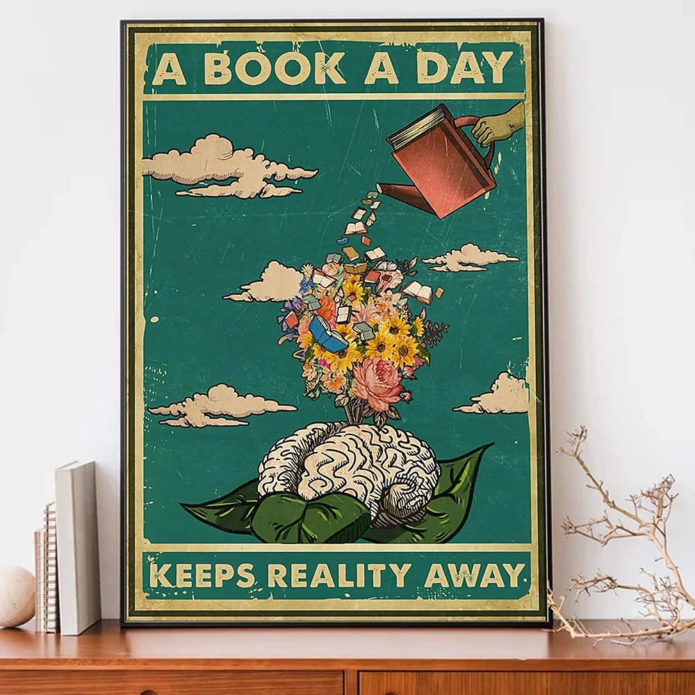 Un Libro Al Giorno Tiene Lontano La Realtà Citazione Retro Poster Stampa Vintage Water Brain Room Wall Decor Bookish Knowledge Canvas Painting