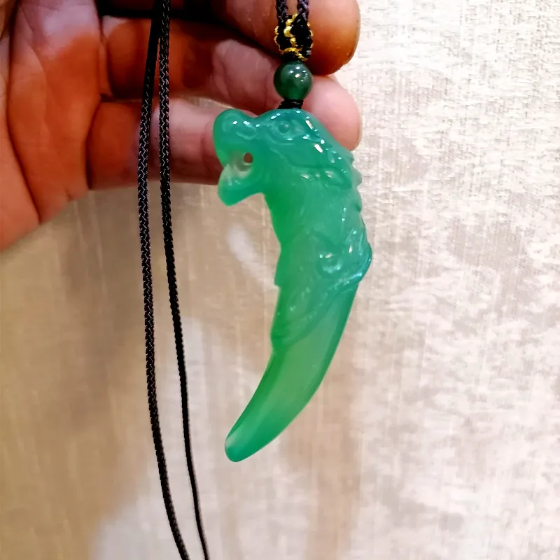 

Natural Green Handmade Carved Wolf Tooth Jade Pendant, Fashionable Boutique Jewelry, Green Agate Wolf Head Necklace Gift