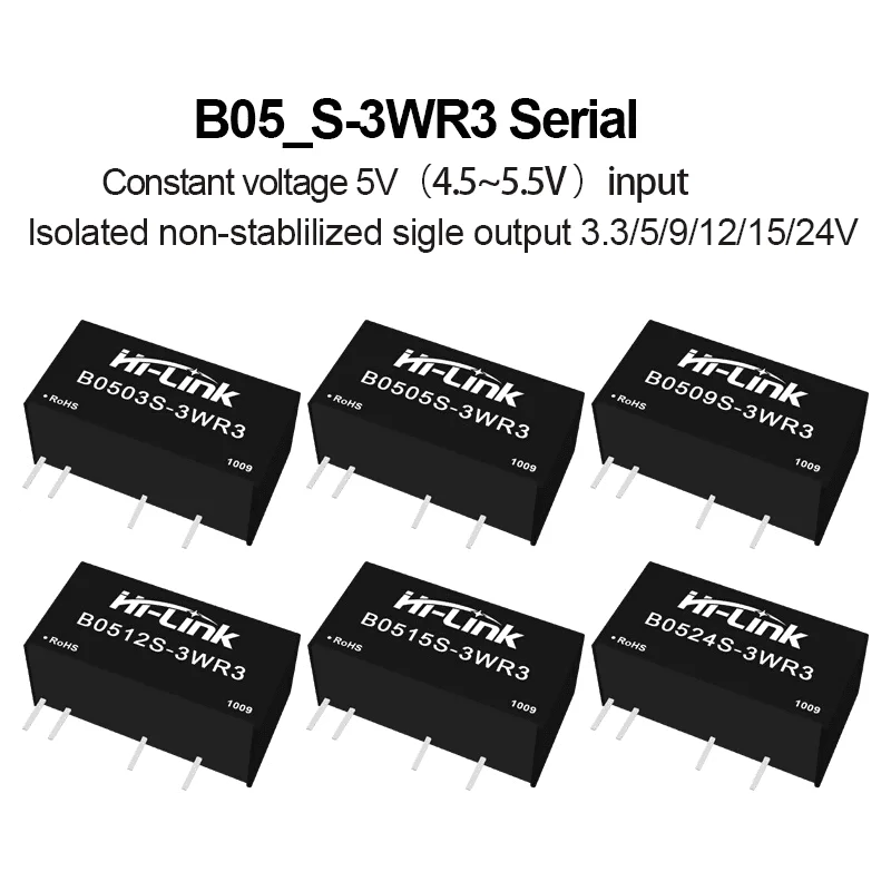 4.5~5.5V Hi-Link 3W 3.3V/5V/9V/12V/15V/24V B0503S-3WR3 B0505S-3WR3 B0512S-3WR3 B0524S-3WR3 DC-DC Power Supply Module