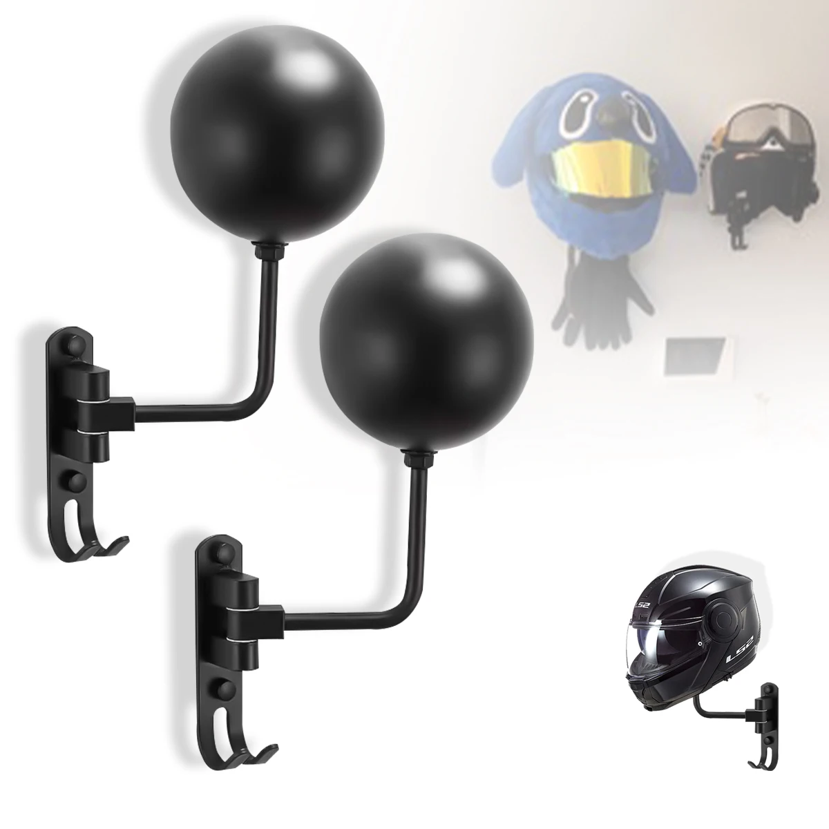 180&deg; Rotation Motorcycle Helmet Rack Wall Mount with Hooks Metal Bicycle Helmet Display Hanger Stand for Coats Caps Rugby motorcycle helmet holder