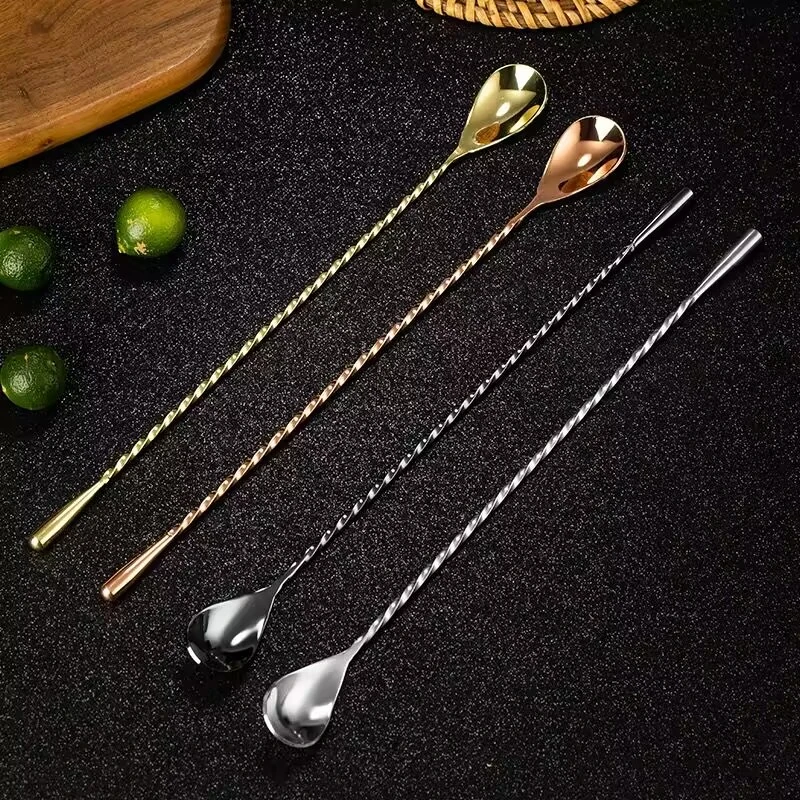 12pcs Cocktail Spoon Bar Spoon Stainless Steel Mixing Spiral Pattern Bar Teadrop Barware