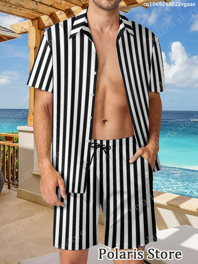 Summer Men Striped Shirt Shorts Set Hawaiian Shirt Beach Vacation Clothes 2 Piece Outfit Button Up Shirts Button Up TShirts striped summer thin shirt men
