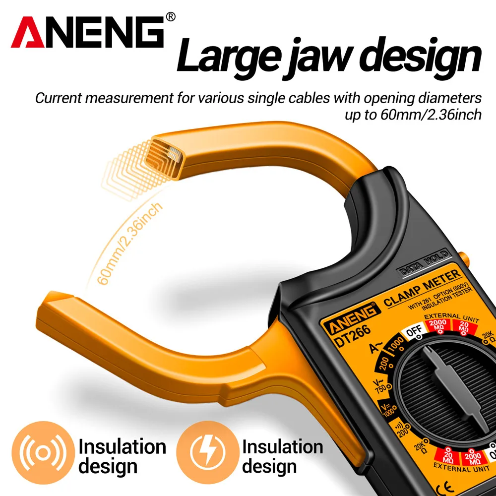 2000MΩ 고저항 디지털 클램프 미터 멀티미터 ANENG DT266-8 AC/DC 전압 60mm/2.36인치 대형 케이블 클램프 AC 전류 측정