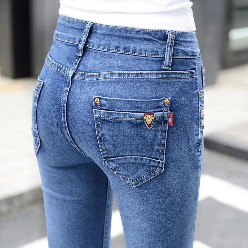 여성용 스키니 찢어진 홀 청바지, 하이 웨이스트 용수철, 빈티지 블루 펜슬 데님 바지, 한국 슬림 카우보이 바지, 5XL