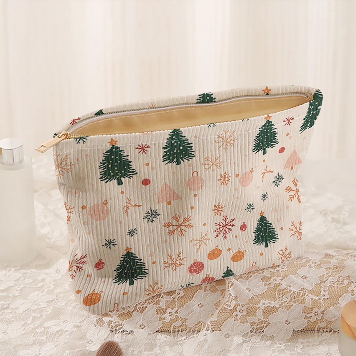 1 Christmas themed corduroy makeup bag, lightweight zipper makeup storage box, multifunctional bag with lining