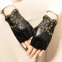 Real Leather Half Finger Gloves Women's Autumn Winter Motorcycle Breathable Short Thin Layer Sheepskin Fashionable Driving Ri...