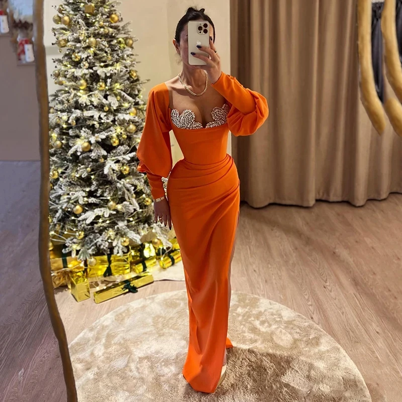 

Fashion Beading Crystal Evening Dresses 2024 Sexy Mermaid Custom Evening Gowns with Long Sleeve Floor-Length Dubai Arab السهرة