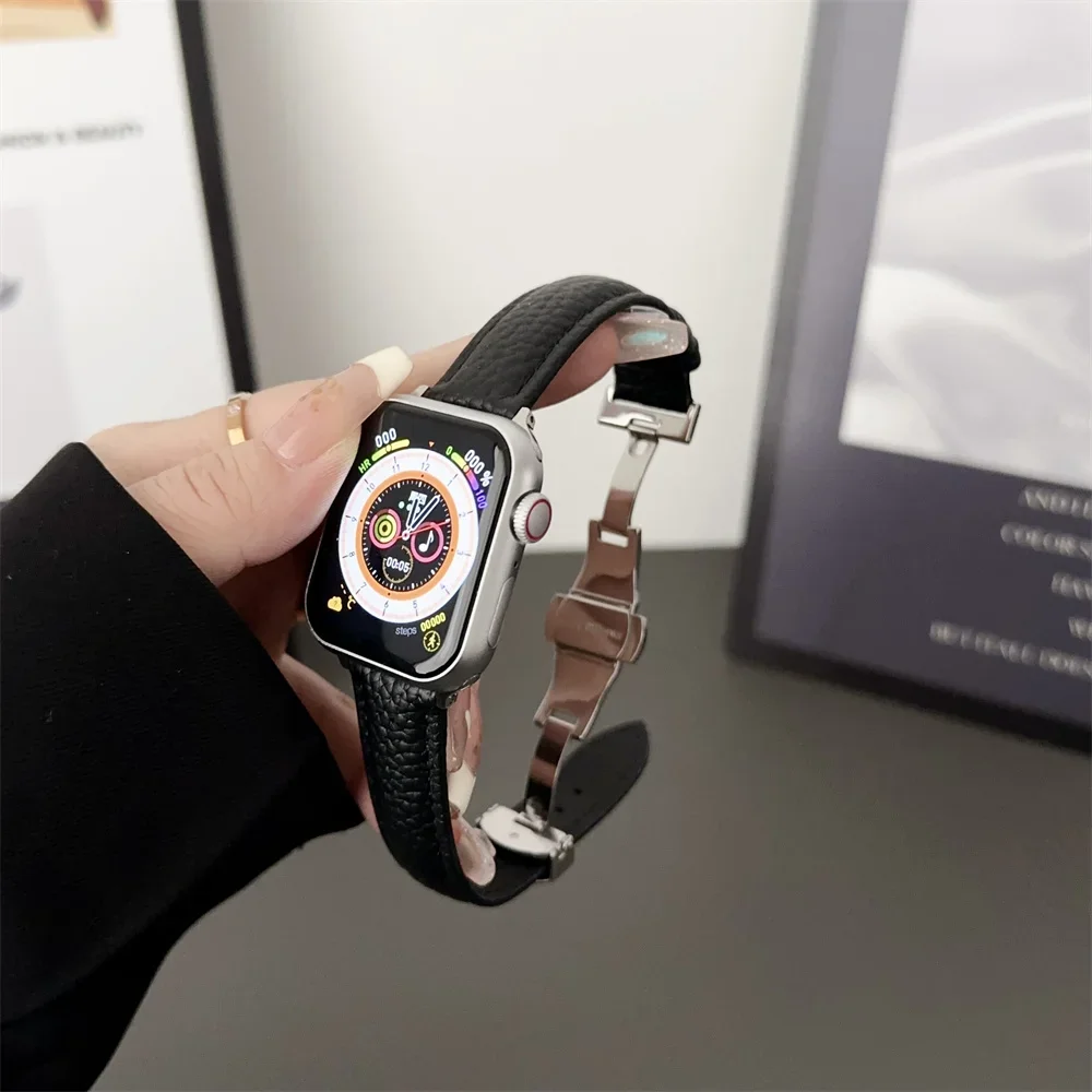 

Тонкий кожаный ремешок для Apple Watch ultra band 49 мм series 7 8 41/45 мм correa 38/42 мм, браслет на запястье iWatch SE 6 5 4 3 40 мм/44 мм