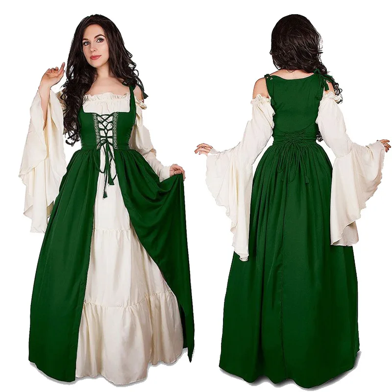 

Multicolor Lady Renaissance Medieval Princess Costume Irish Retro Gown Lace Up Cosplay Fancy Party Dress Carnival Halloween