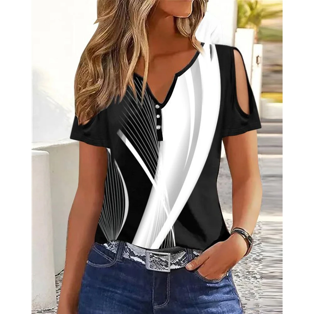 

2023 New Fashion Aummer Women Buttoned V-Neck Short Sleeve Tops Split Sleeve Black T-Shirts Casual Tees Woman Clothing