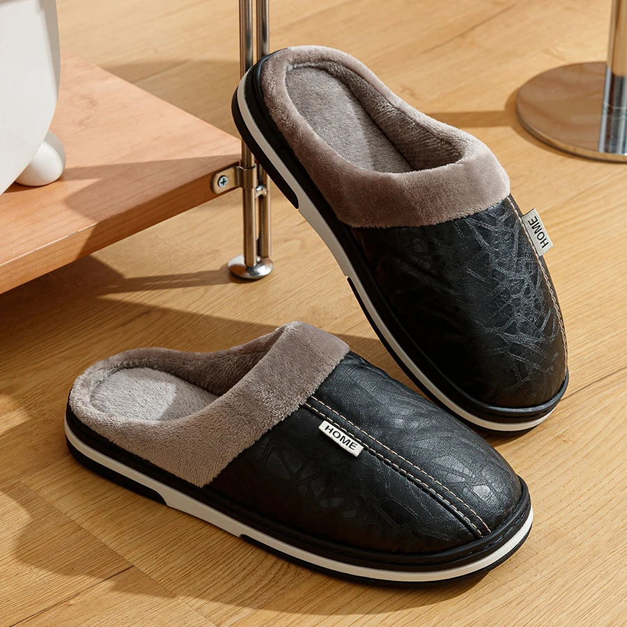 Pu Lederen Grote Maten Mannen Slippers Indoor Waterdicht Bont Platte Heren Winter Thuis Slipper Katoenen Slaapkamer Huisschoenen