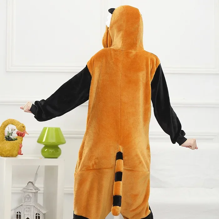 Animal Adults Raccoon Footed Pajamas Cartoon Flannel Red Panda Footed Kigurumi Onesies Cosplay Costumes MINISO