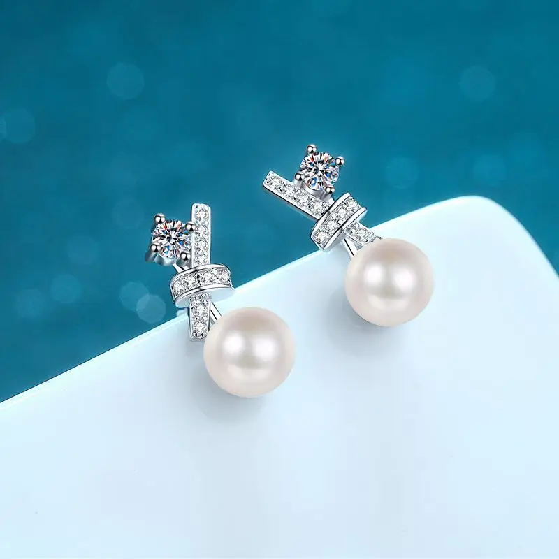 0.72ct Moissanite Cross Stud Earrings for Women 8mm FreshWater Pearl S925 Sterling Silver Wedding Fine Jewelry Drop Shipping