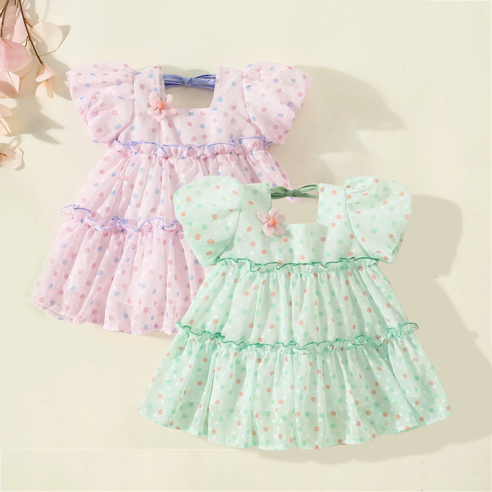 

Toddler Girls Fly Sleeve Dot Prints Tulle Ruffles Princess Dress Dance Party Dresses 0-3Y Infant Girls Dresses Summer Clothes