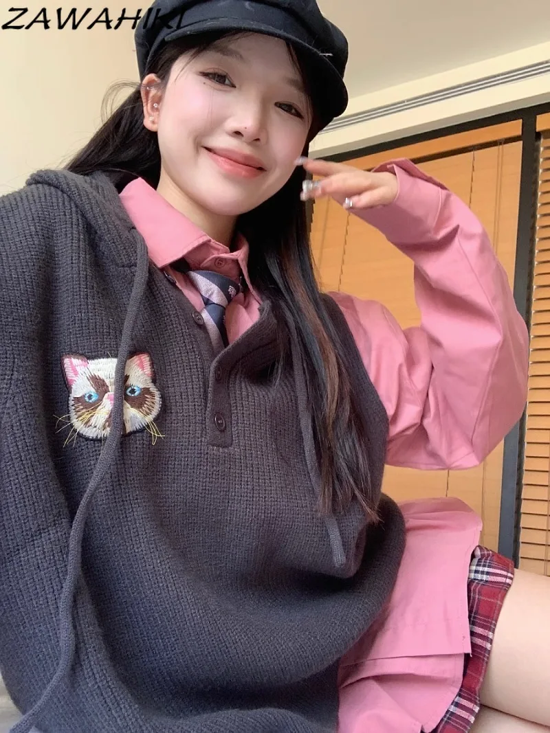 

Oversize Korean Autumn Winter Cartoon Graphic Embroidery Preppy Sleeveless Hoodies Pullovers+fashion All Match Solid Color Shirt