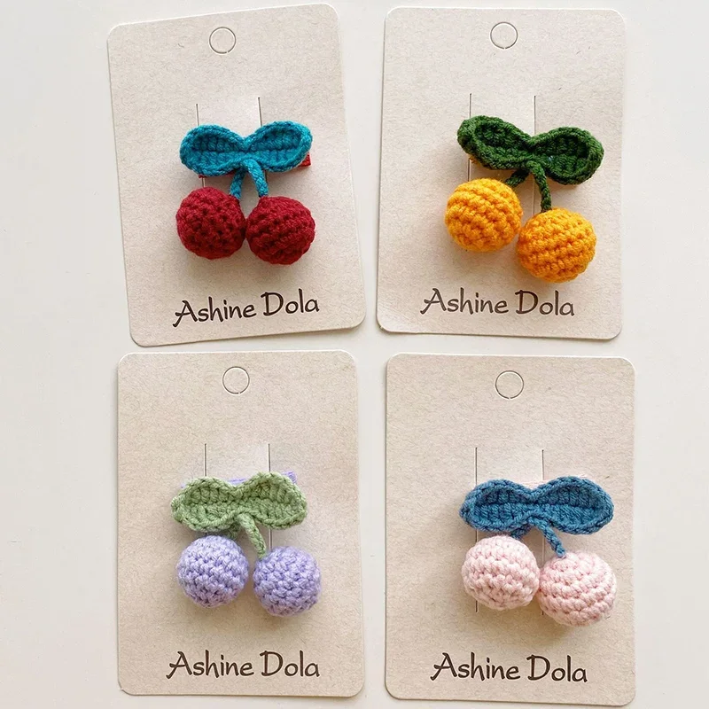 1 Pcs Cute 3D Cherry Hair pin Girl Kawaii Handmade Crochet Barrettes Girl Wool Knitting Headwear Women Hair Accessories 2